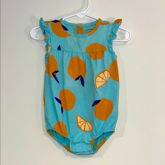 CARTERS Infant Girls 9mo Onesie Romper Citrus Oranges Fruit Ruffles Keyhole Back - Picture 1 of 4